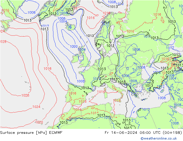 Presión superficial ECMWF vie 14.06.2024 06 UTC