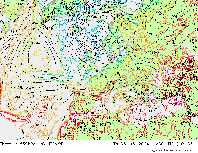 Theta-e 850hPa ECMWF Th 06.06.2024 06 UTC