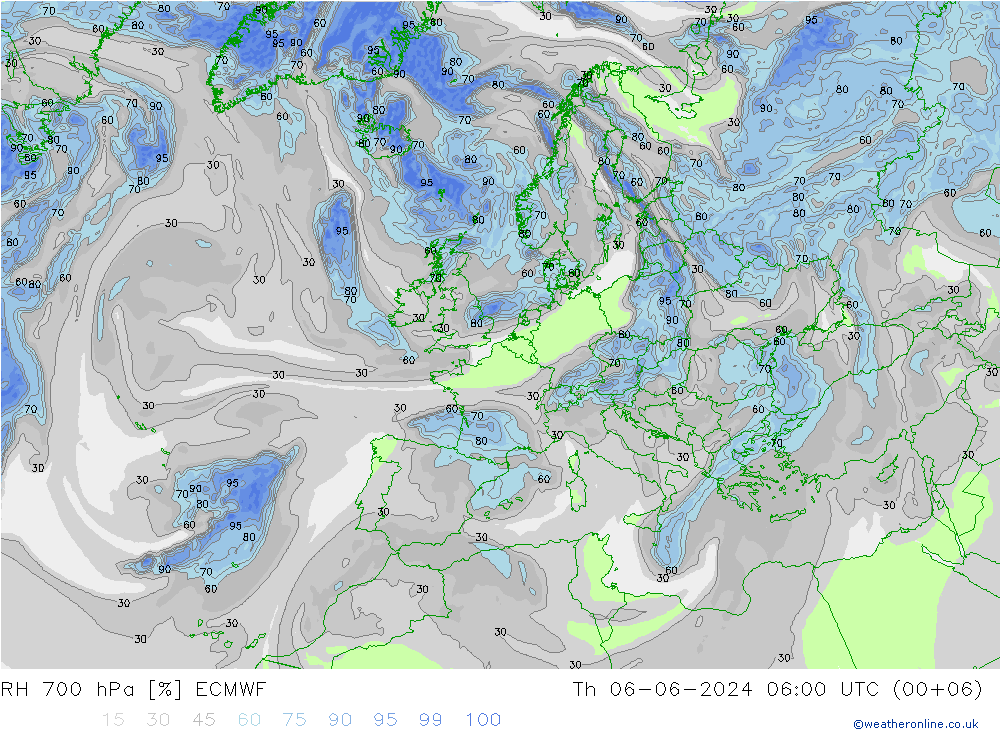 RH 700 hPa ECMWF Th 06.06.2024 06 UTC