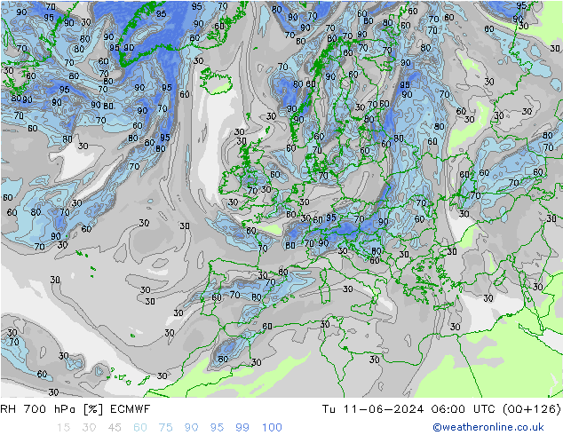 RH 700 hPa ECMWF mar 11.06.2024 06 UTC