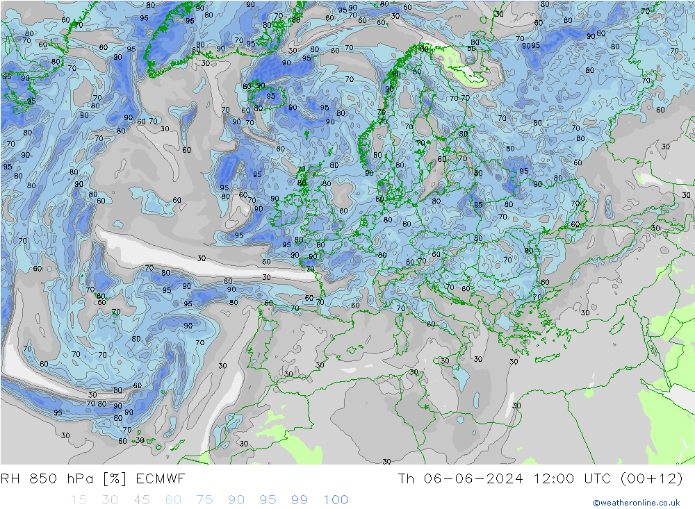 Humedad rel. 850hPa ECMWF jue 06.06.2024 12 UTC