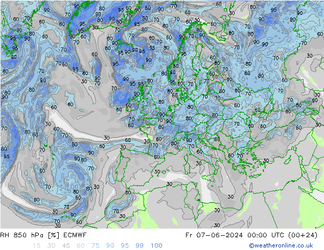 Humidité rel. 850 hPa ECMWF ven 07.06.2024 00 UTC