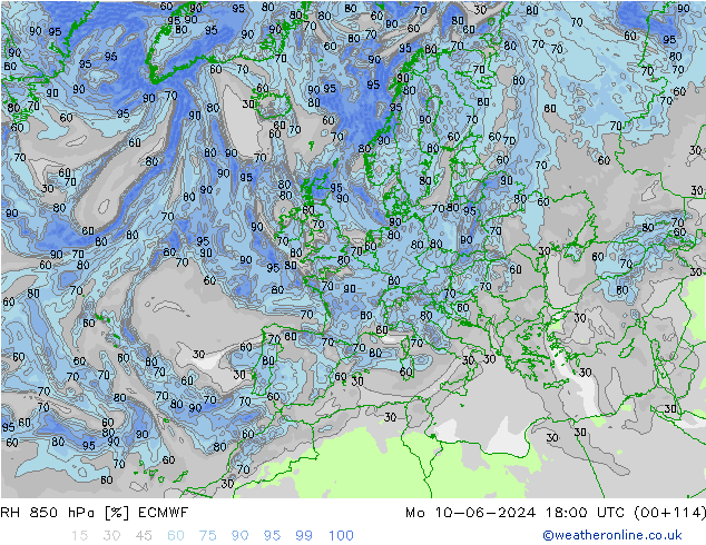 Humidité rel. 850 hPa ECMWF lun 10.06.2024 18 UTC