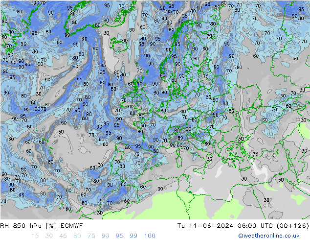 RH 850 hPa ECMWF Tu 11.06.2024 06 UTC