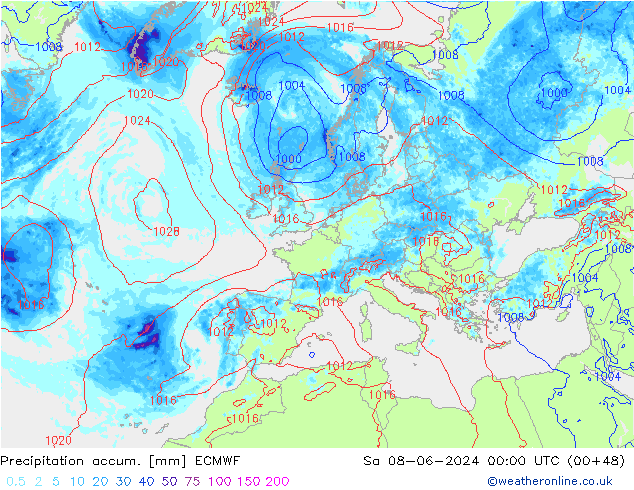 Precipitation accum. ECMWF Sa 08.06.2024 00 UTC