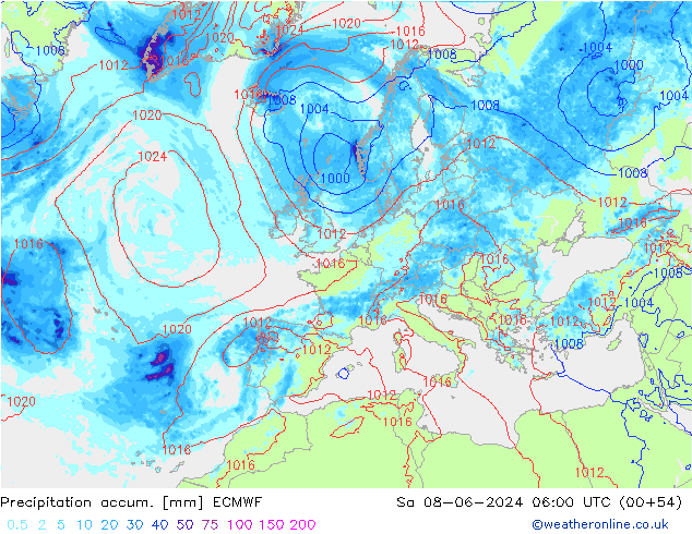 Precipitation accum. ECMWF So 08.06.2024 06 UTC