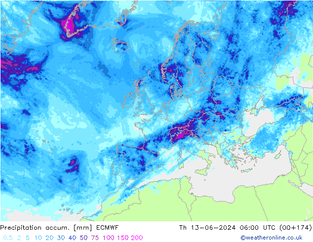 Totale neerslag ECMWF do 13.06.2024 06 UTC