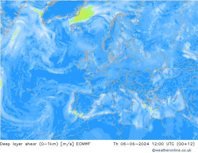 Deep layer shear (0-1km) ECMWF Th 06.06.2024 12 UTC