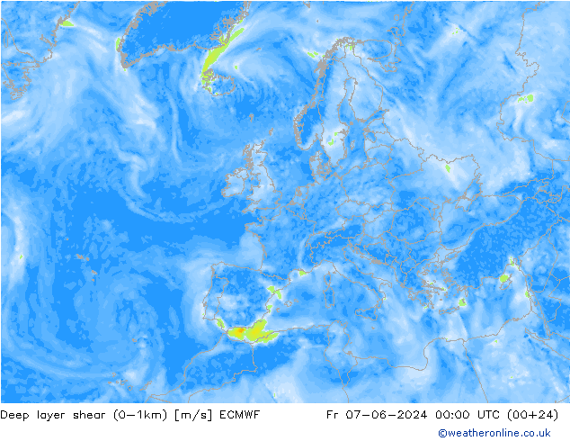 Deep layer shear (0-1km) ECMWF Cu 07.06.2024 00 UTC