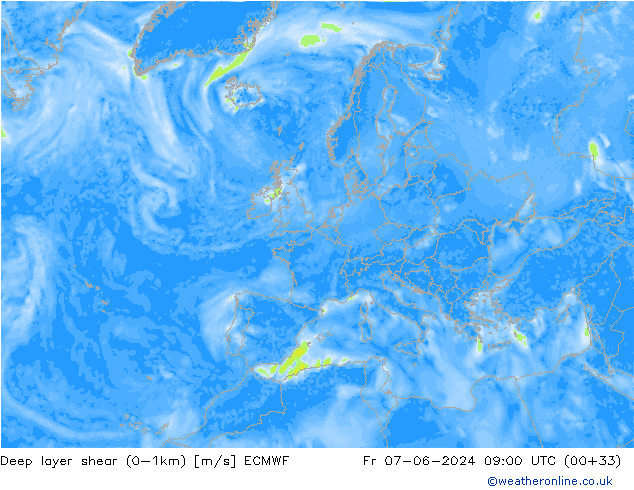 Deep layer shear (0-1km) ECMWF ven 07.06.2024 09 UTC