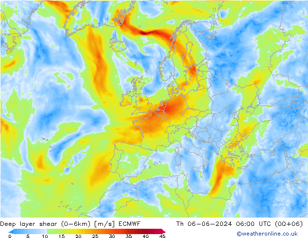 Deep layer shear (0-6km) ECMWF чт 06.06.2024 06 UTC