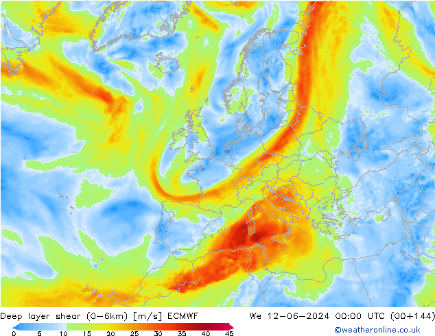 Deep layer shear (0-6km) ECMWF We 12.06.2024 00 UTC