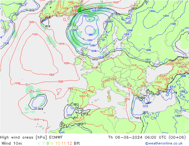 High wind areas ECMWF чт 06.06.2024 06 UTC