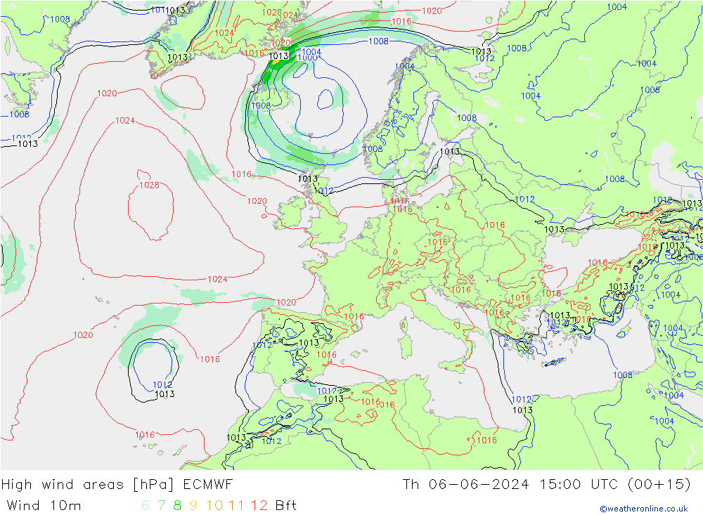 High wind areas ECMWF Čt 06.06.2024 15 UTC