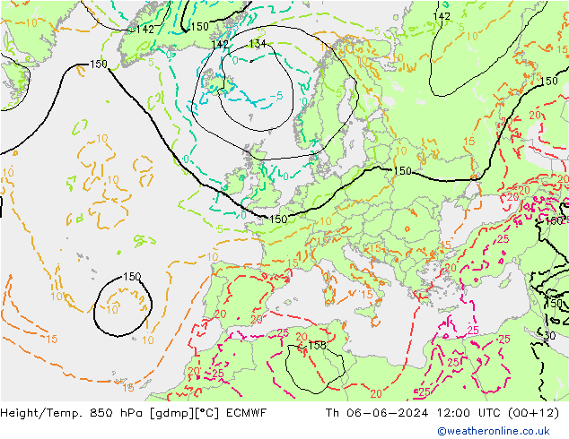 Height/Temp. 850 hPa ECMWF  06.06.2024 12 UTC