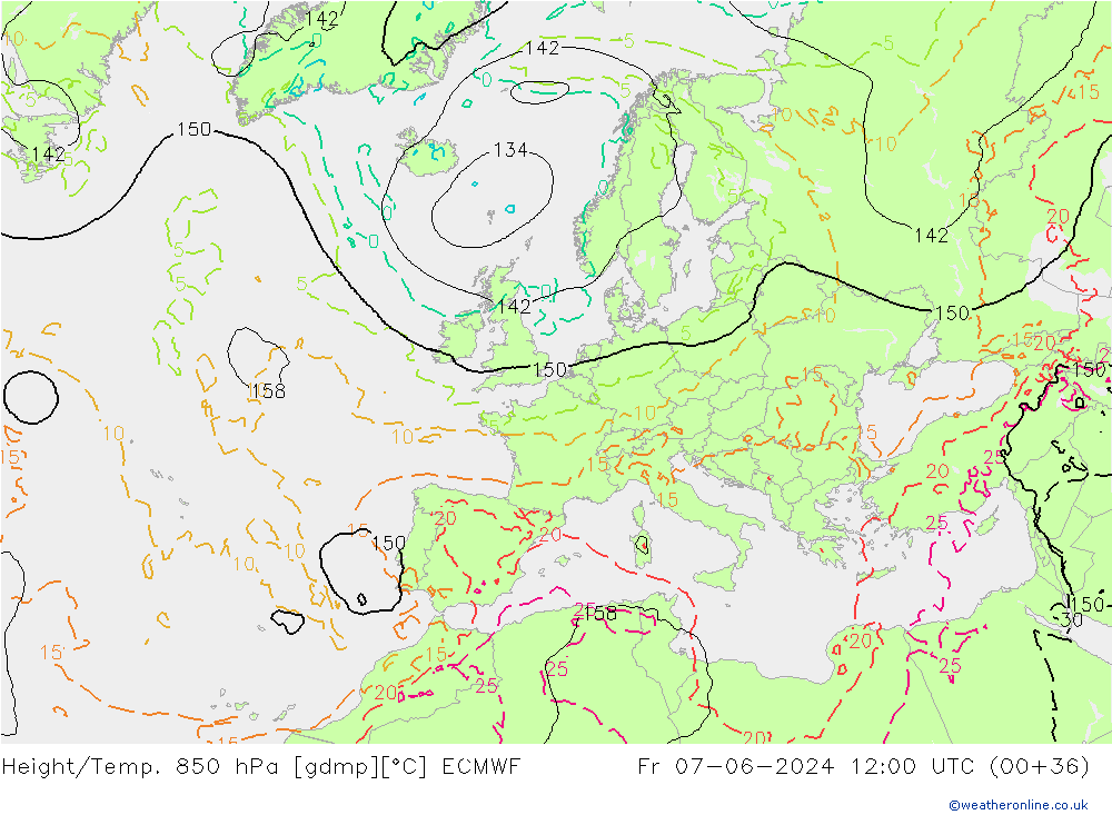 Geop./Temp. 850 hPa ECMWF vie 07.06.2024 12 UTC