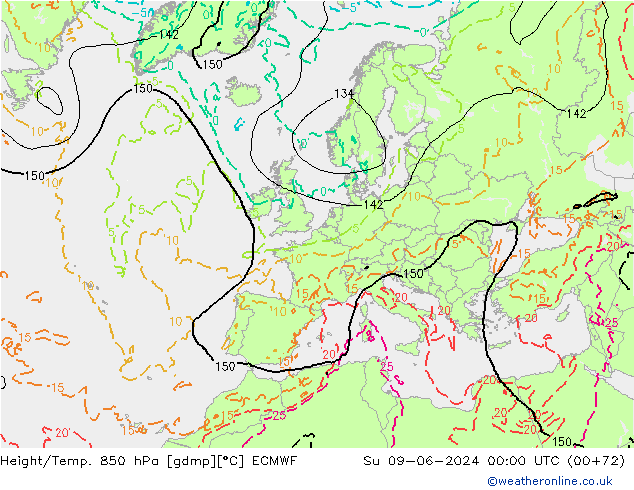 Z500/Yağmur (+YB)/Z850 ECMWF Paz 09.06.2024 00 UTC