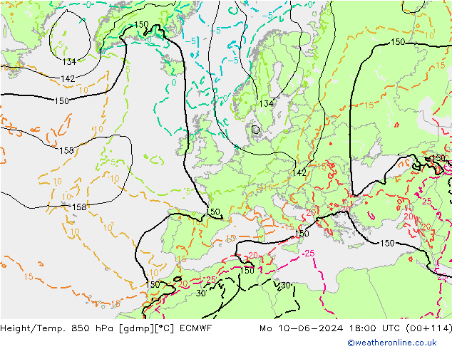 Géop./Temp. 850 hPa ECMWF lun 10.06.2024 18 UTC