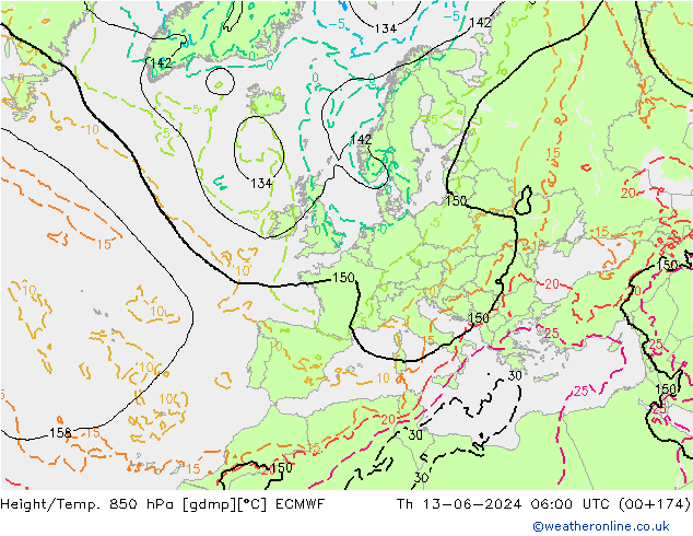 Height/Temp. 850 hPa ECMWF Čt 13.06.2024 06 UTC