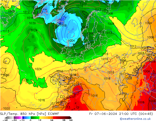 SLP/Temp. 850 hPa ECMWF Fr 07.06.2024 21 UTC