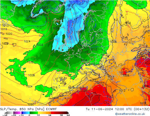 SLP/Temp. 850 hPa ECMWF mar 11.06.2024 12 UTC