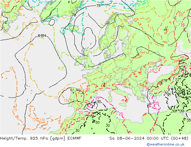 Height/Temp. 925 hPa ECMWF Sa 08.06.2024 00 UTC