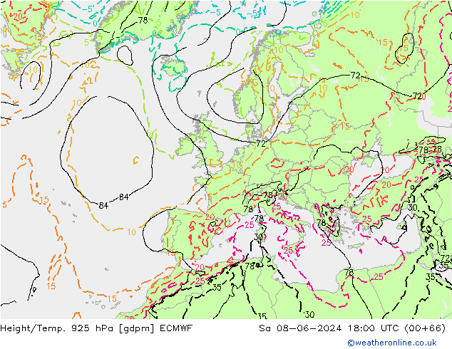 Height/Temp. 925 hPa ECMWF Sa 08.06.2024 18 UTC