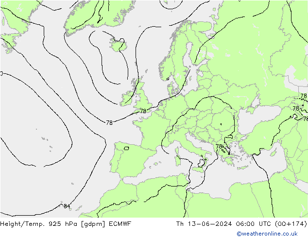 Geop./Temp. 925 hPa ECMWF jue 13.06.2024 06 UTC