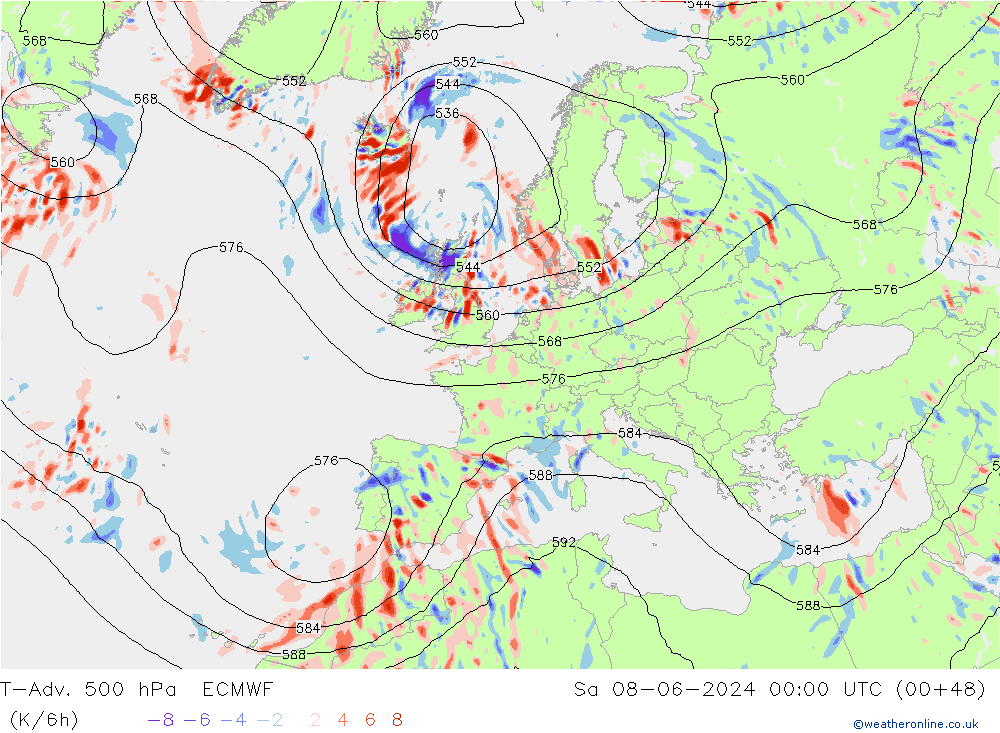 T-Adv. 500 hPa ECMWF Sa 08.06.2024 00 UTC