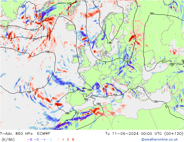 T-Adv. 850 hPa ECMWF di 11.06.2024 00 UTC