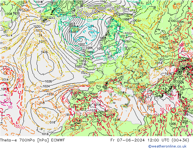 Theta-e 700hPa ECMWF Pá 07.06.2024 12 UTC