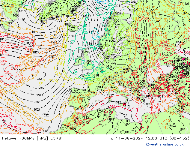 Theta-e 700hPa ECMWF mar 11.06.2024 12 UTC