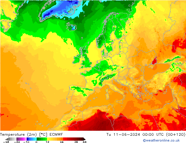 Temperatuurkaart (2m) ECMWF di 11.06.2024 00 UTC