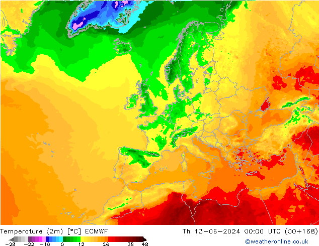 Temperature (2m) ECMWF Th 13.06.2024 00 UTC