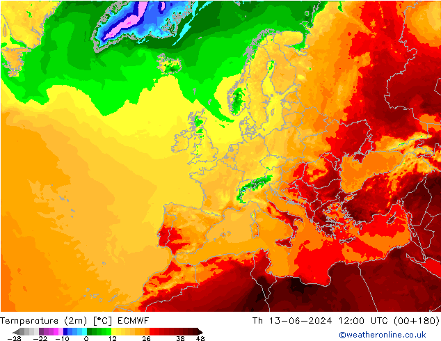 Temperatura (2m) ECMWF gio 13.06.2024 12 UTC