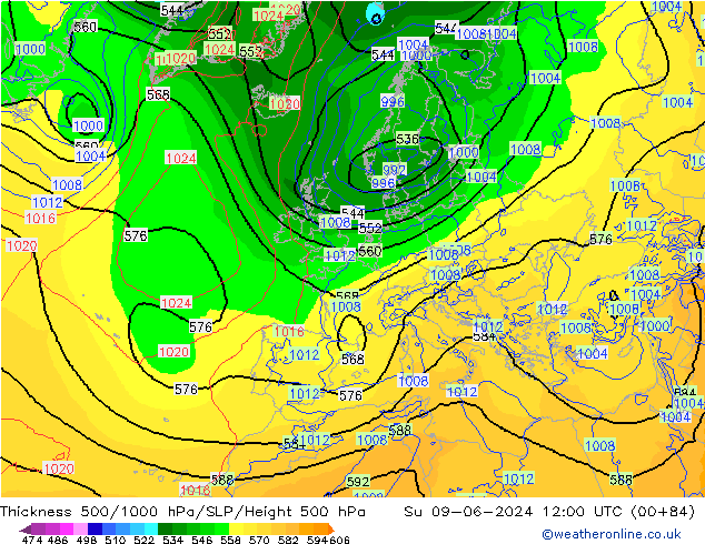 Thck 500-1000гПа ECMWF Вс 09.06.2024 12 UTC