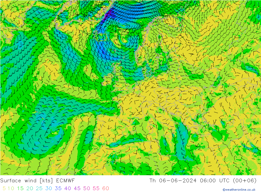 Surface wind ECMWF Th 06.06.2024 06 UTC