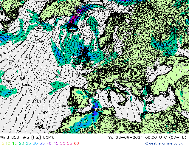 Rüzgar 850 hPa ECMWF Cts 08.06.2024 00 UTC