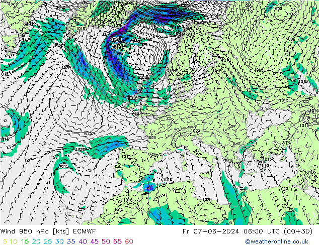 Wind 950 hPa ECMWF Fr 07.06.2024 06 UTC