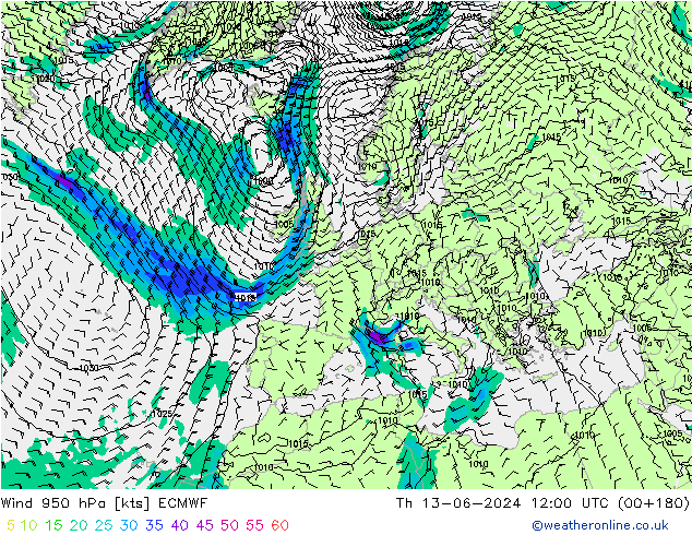 Vento 950 hPa ECMWF gio 13.06.2024 12 UTC