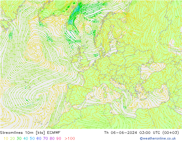 Linha de corrente 10m ECMWF Qui 06.06.2024 03 UTC