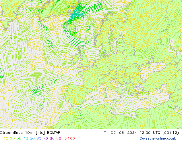 Streamlines 10m ECMWF Čt 06.06.2024 12 UTC