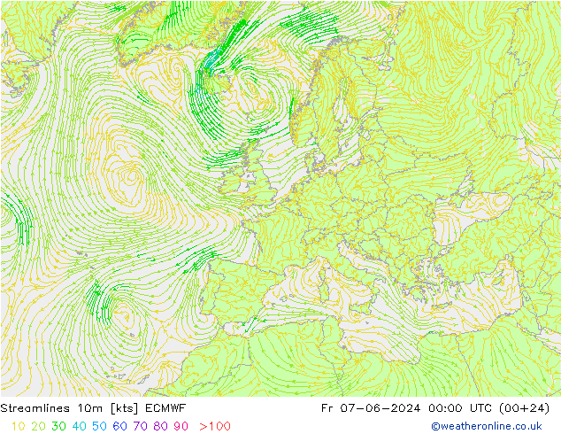 Streamlines 10m ECMWF Pá 07.06.2024 00 UTC