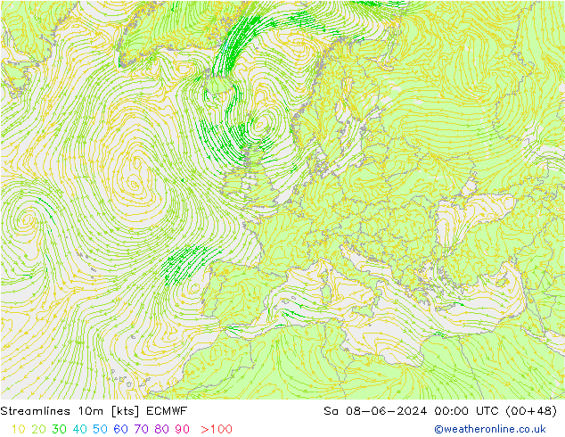 Linea di flusso 10m ECMWF sab 08.06.2024 00 UTC