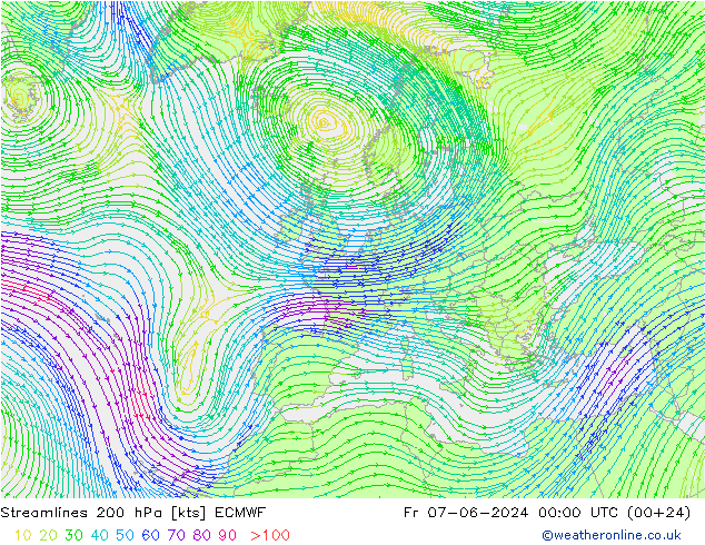 Ligne de courant 200 hPa ECMWF ven 07.06.2024 00 UTC