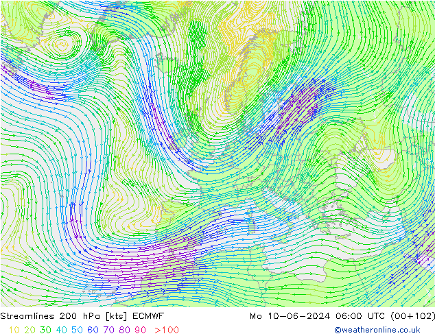 Streamlines 200 hPa ECMWF Mo 10.06.2024 06 UTC