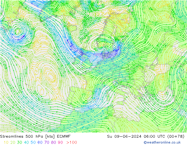 ветер 500 гПа ECMWF Вс 09.06.2024 06 UTC