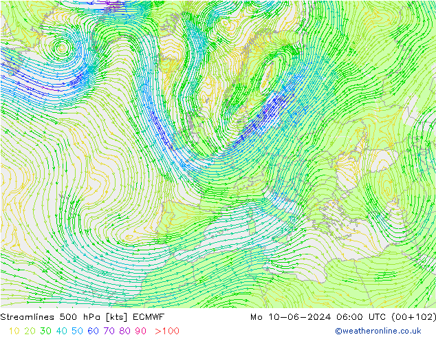 Streamlines 500 hPa ECMWF Mo 10.06.2024 06 UTC