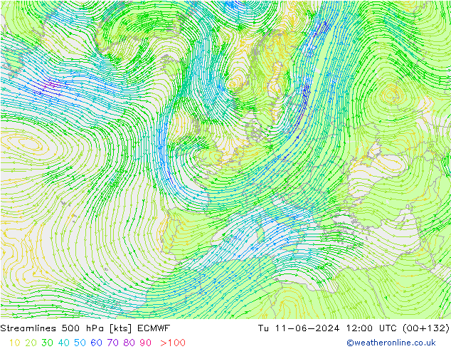 Línea de corriente 500 hPa ECMWF mar 11.06.2024 12 UTC