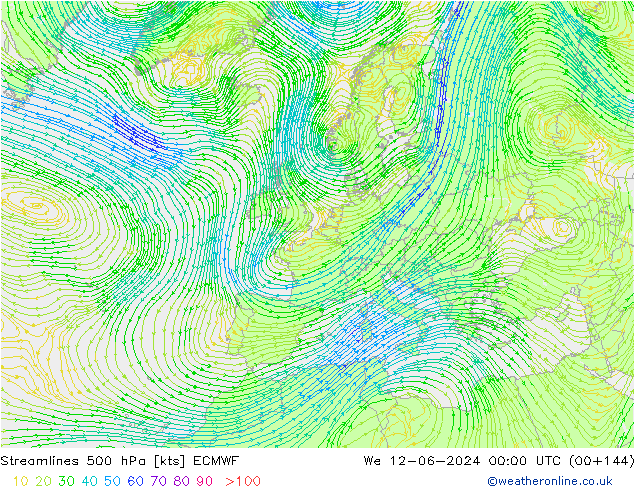 Stromlinien 500 hPa ECMWF Mi 12.06.2024 00 UTC